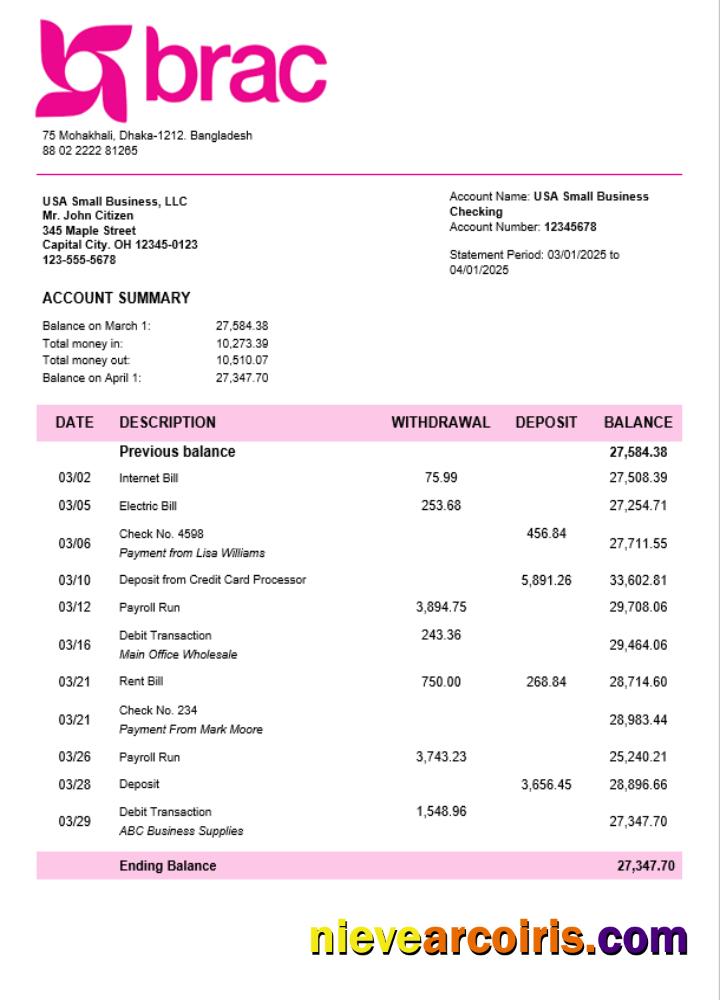 BRAC corporate checking account statement